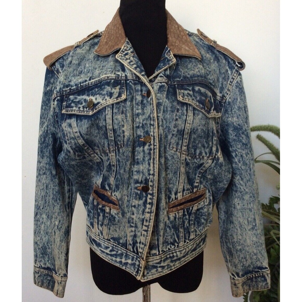 Vintage Prezzia Women's Acid  Washed Leather Trim Denim‎ Jean Jacket Size L EUC!